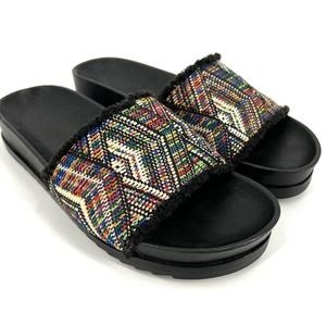 Frye Lily Woven Jacquard Fray Pool Slide Sandal SZ 8.5 Black Multi